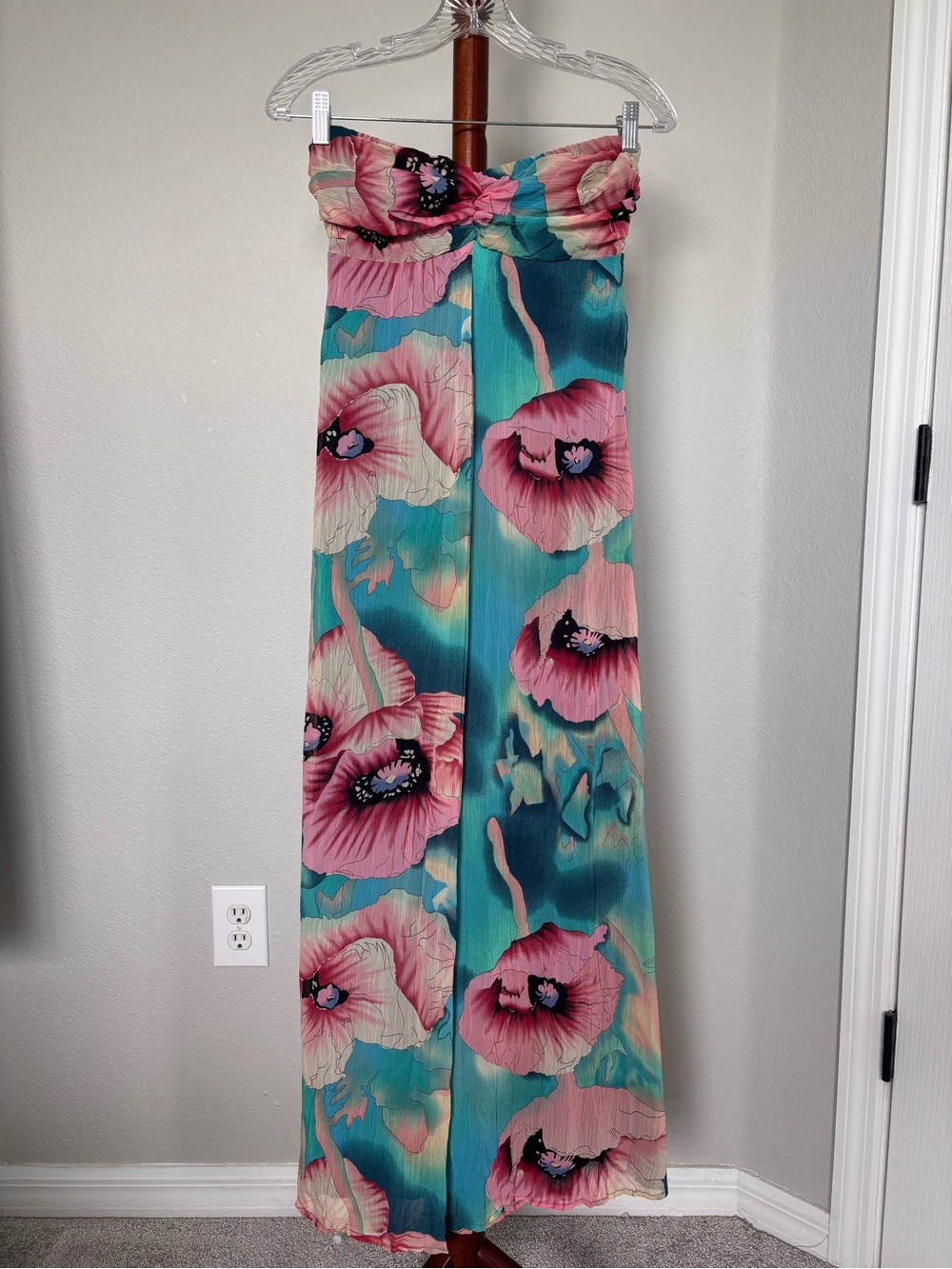 Strapless Floral Maxi Dress in Teal and Pink